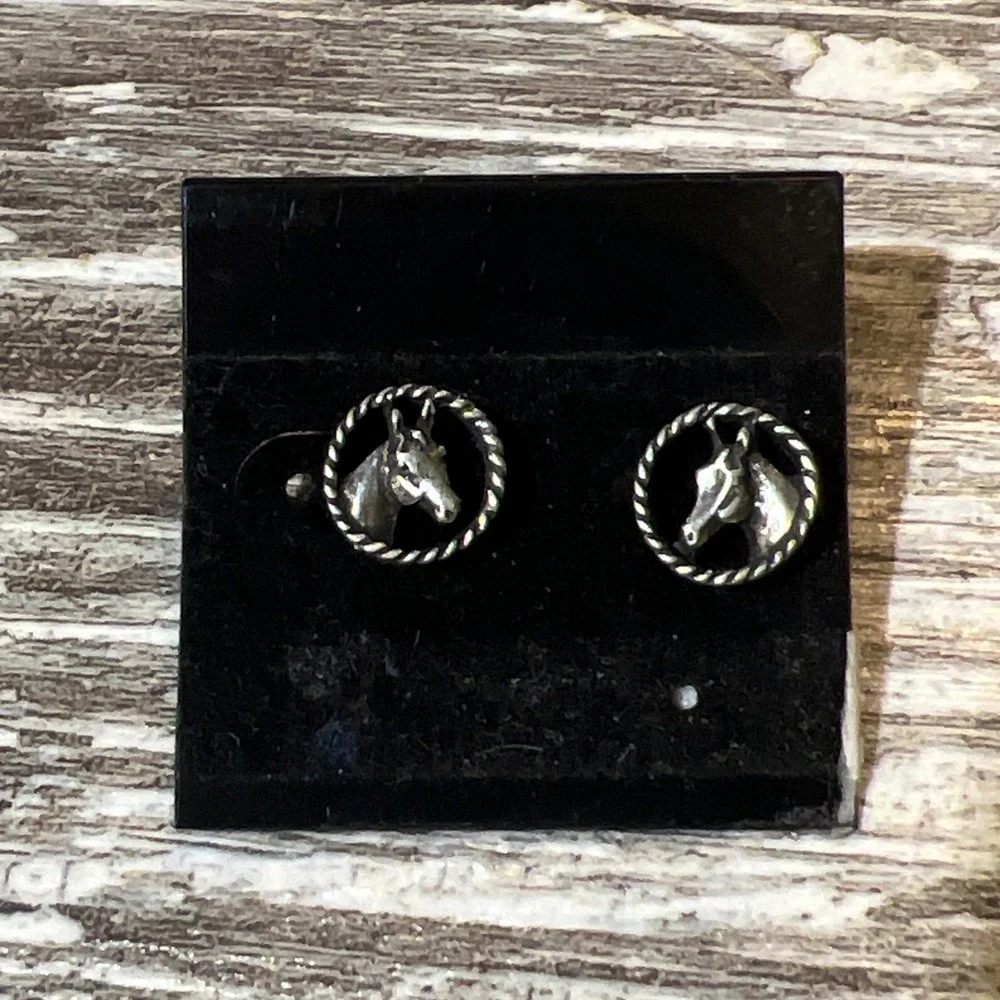 Earrings Horse Equestrian Head Silver Tone Twisted Rope Border Teardrop Set Of 2